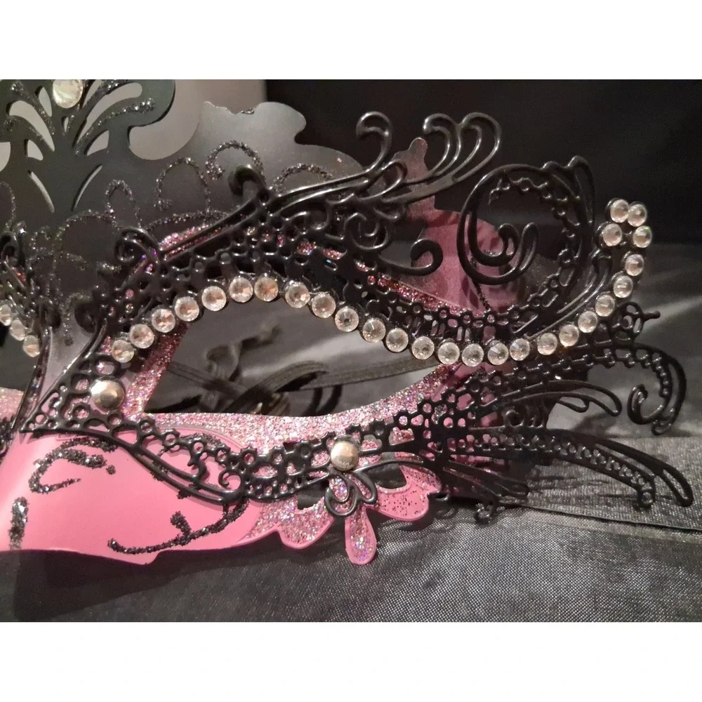 Black and Pink Laser-Cut Masquerade mask with Rhinestones Adult Size